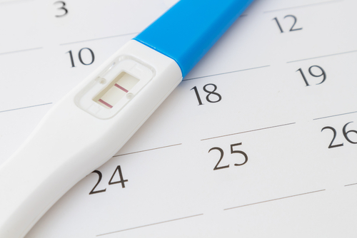 Checking pregnancy test against menstrual cycle on calendar