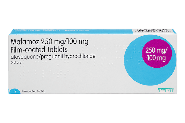 12 tablet pack of mafamoz, 250 mg atovaquone and 100 mg proguanil