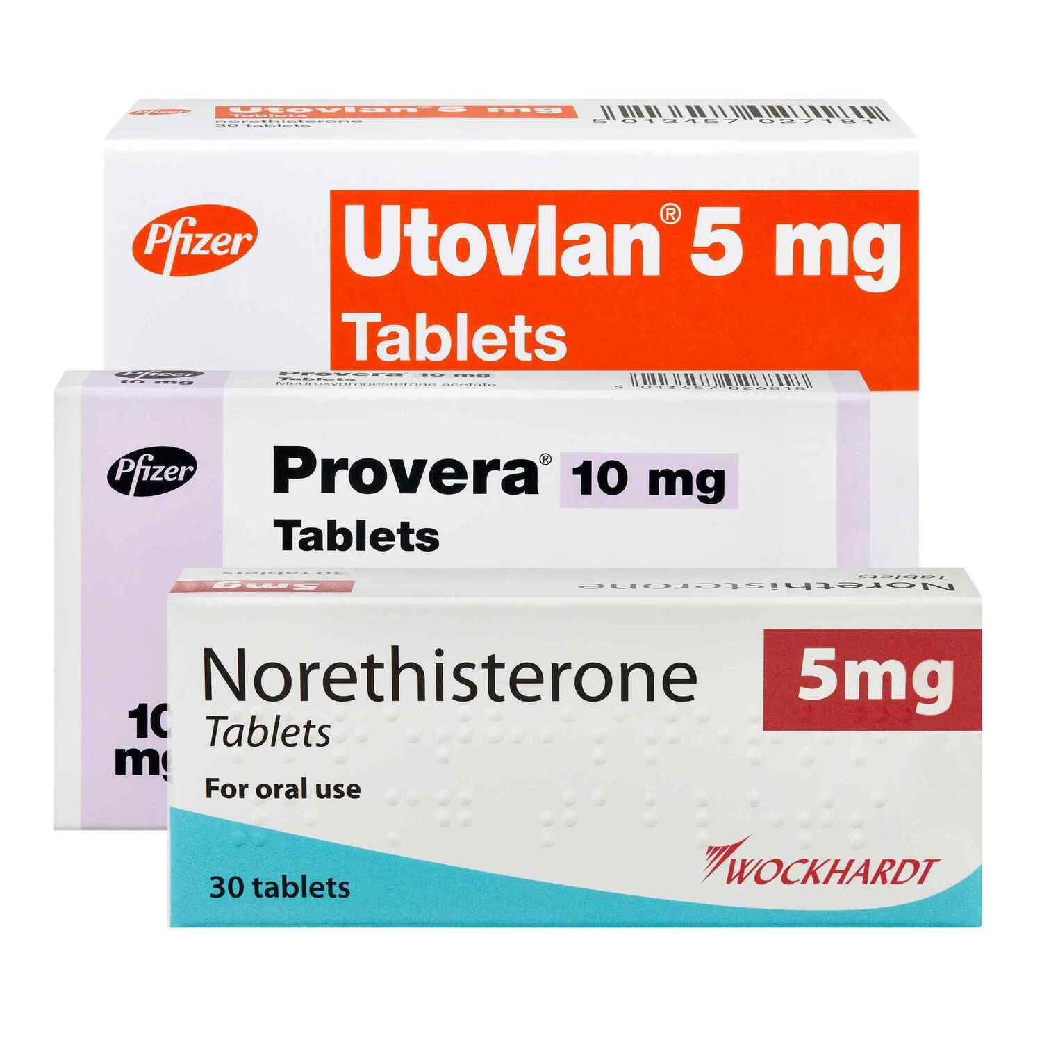 Boxes of the period delay tablets Utovlan, Provera, and Norethisterone