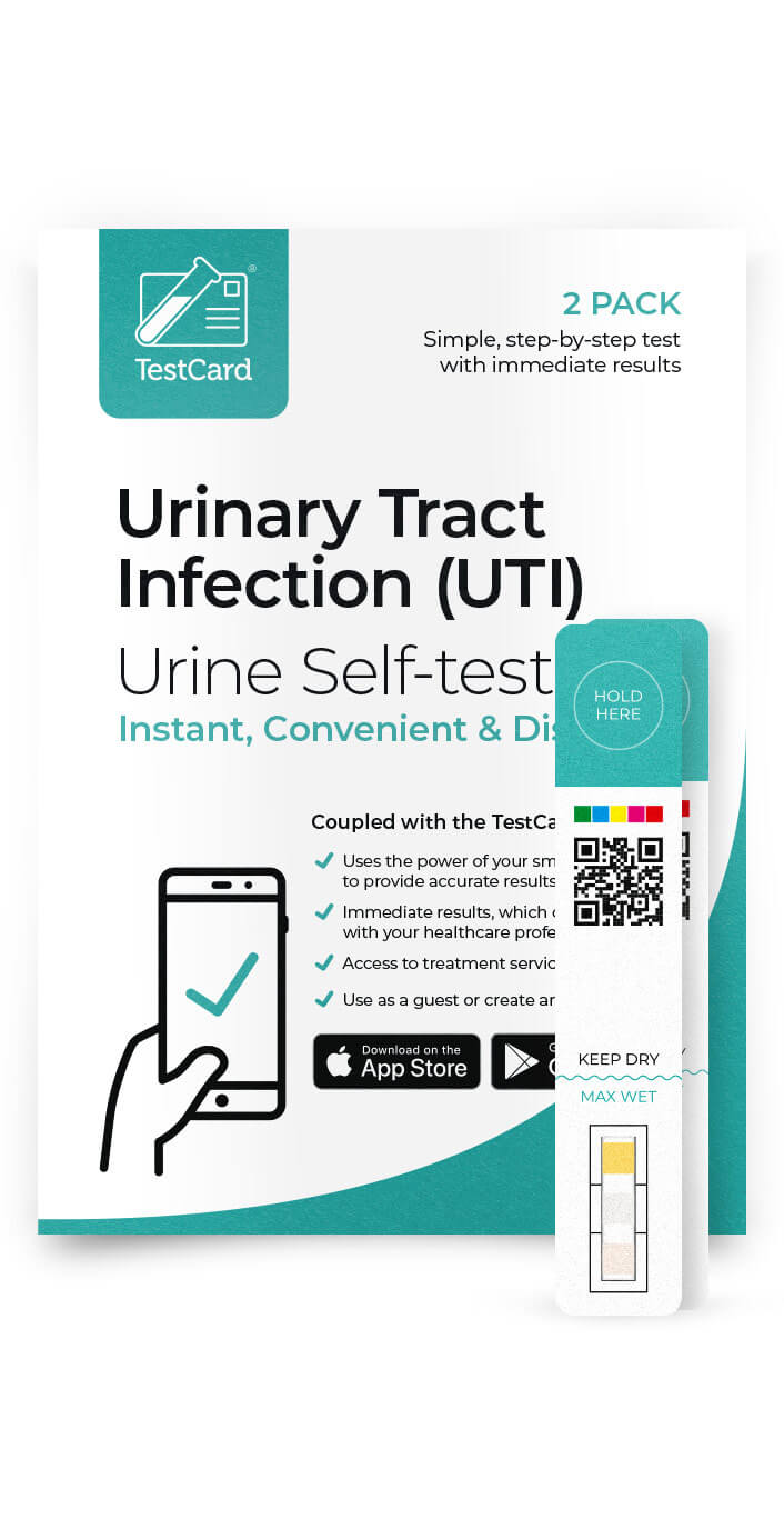 TestCard UTI test kit and strip. Smartphone app for instant UTI diagnosis