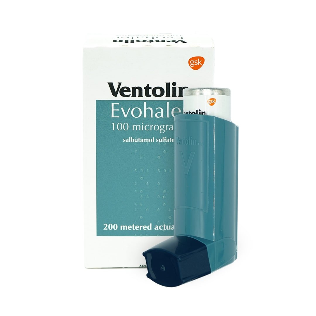 ventolin asthma inhaler and box